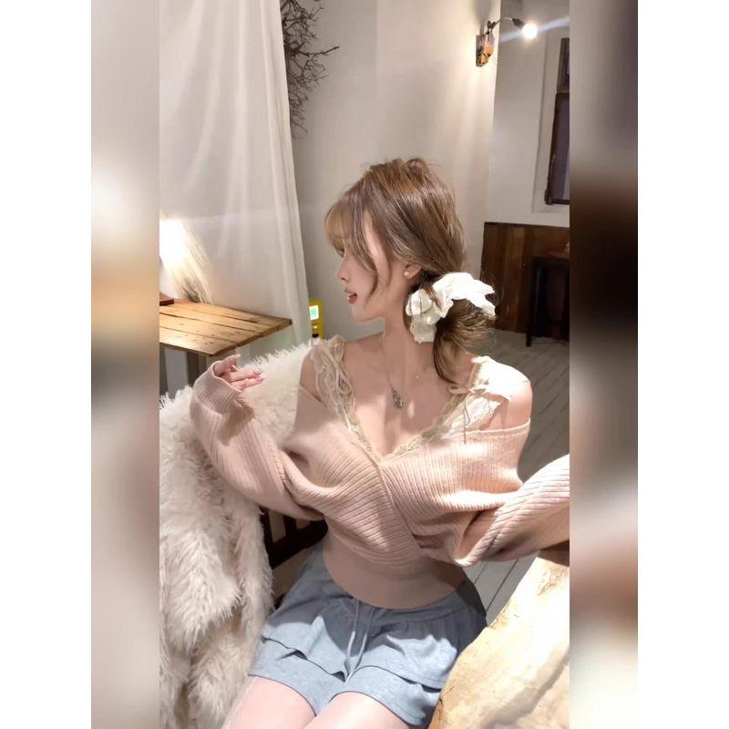 

Pink V-Neck Off-Shoulder Long-Sleeve Knit Sweater for Women, Autumn and Winter, Pure Desire Style, Waist-Cinching Short Top, Very Attractive Knitted Sweater + Inner Layer XL