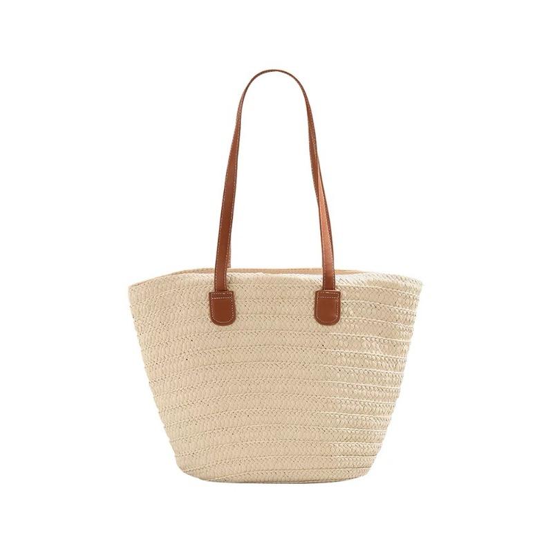 New Solid Color Straw Bag Single Shoulder Machine Nail Knitted Bag Women's Large Capacity Tote Bag Seaside Vacation Beach Bag