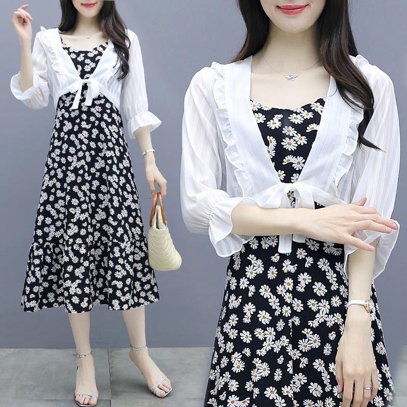 2024 Summer Thin New Broken Flowers Dresses Beach Style Women's Clothing Vintage Sleeveless A-Line Waist Commute Slip Midi Dress