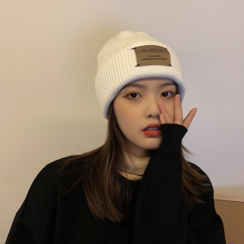 Hat Trendy Retro Sticker Couple Wool Hat for Women In Autumn and Winter Big Head Circumference Warm Korean Style Ear Protection Knitted Hat