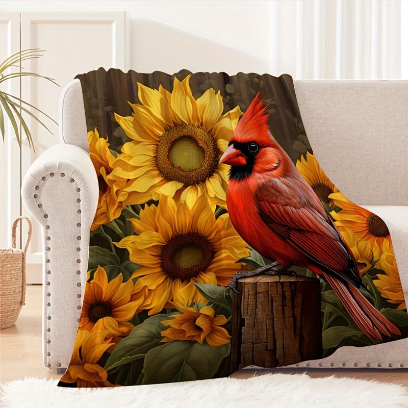 Cardinal Birds & Sunflowers Print Flannel Throw Blanket - Contemporary Style Multipurpose - Soft Comfortable Travel Camping 75X95CM