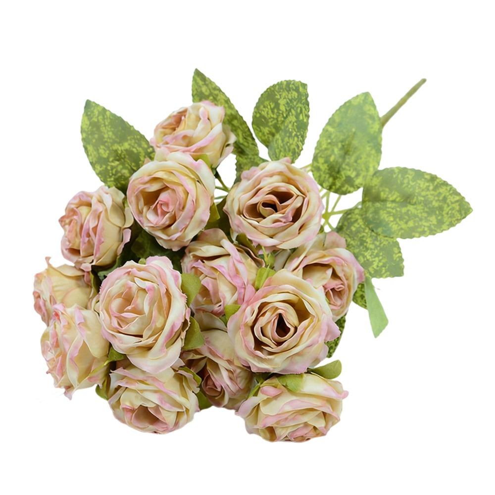 Silk Petals Rose Artificial Flowers 15 Heads Faux Flower Holding Bouquet Flower Home Decoration