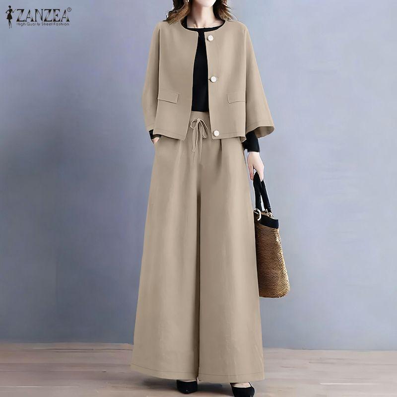 ZANZEA Damen Langarmbluse und lockere Hose Lässige zweiteilige Anzugsets