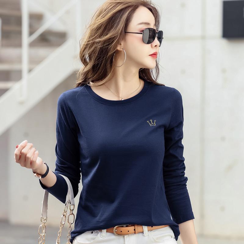 

2026 Women s Spring Loose Round Neck Embroidered Crown Long Sleeve T-shirt 3XL (135-150 jin) темно-синього кольору