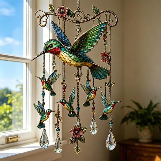 Carillons éoliens Colibri, avec Pendentifs en Cristal Carillons éoliens Métalliques d'Extérieur, Réflexion de la Lumière Arc-en-ciel Carillon éolien Durable pour la Décoration de Jardin et de Cour