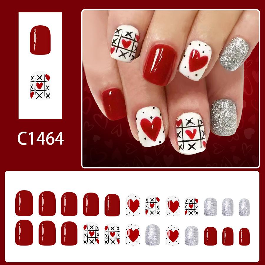 

Short Square Glossy Press On Nails 24Pcs Valentine Silver Glitter Red Heart Design Sweet Ins Style for Women красный
