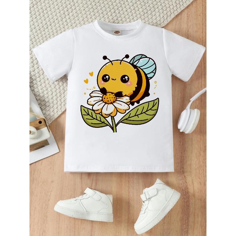 European Size Girls Round-neck Short-sleeved T-shirt with Cartoon Pattern of A Little Bee Collecting Nectar