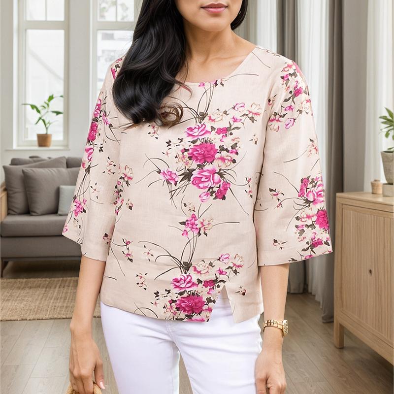 ZANZEA Damen Casual Rundhals 3/4 Ärmel Schlitzsaum Flora bedruckte Bluse