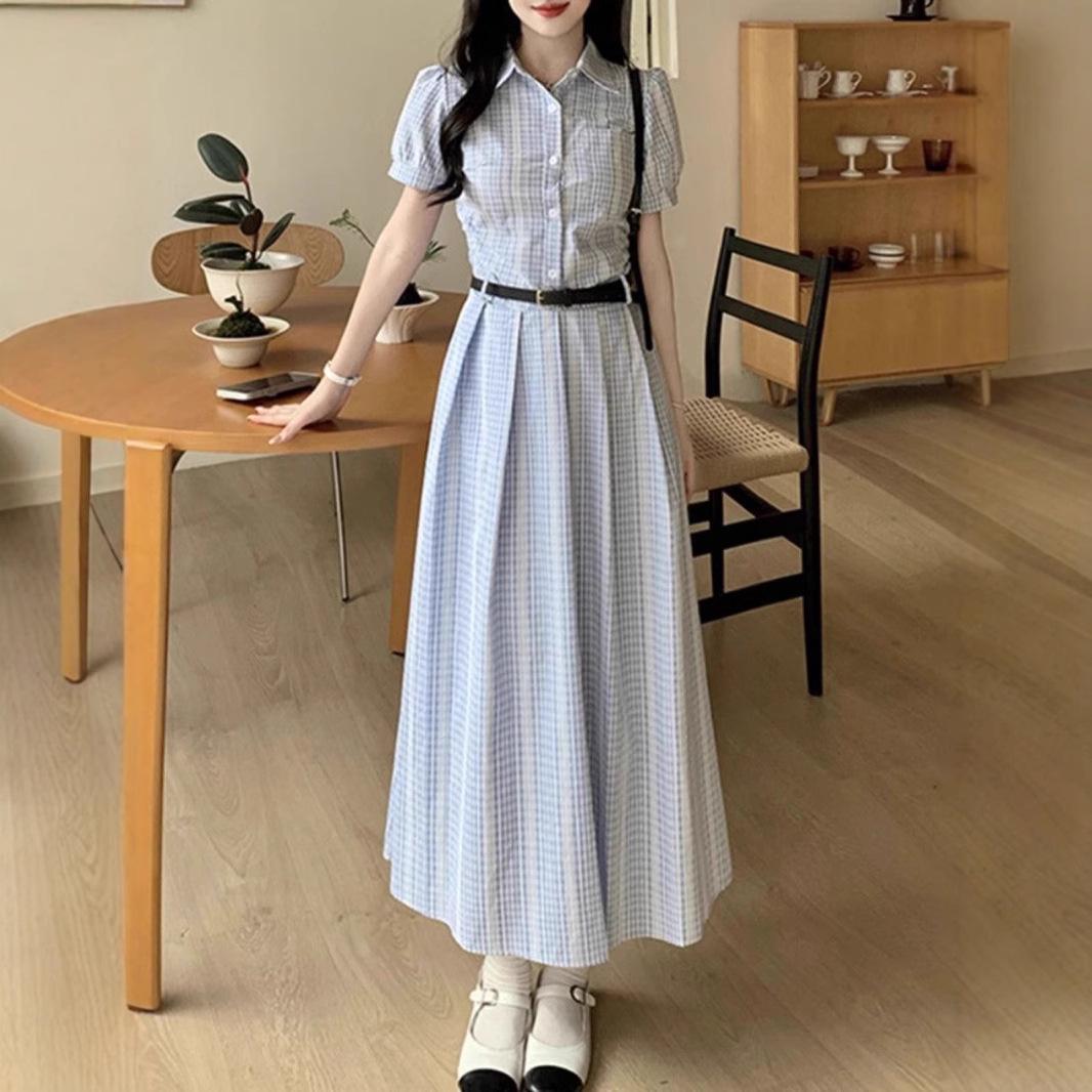 

Tea Break French Plaid Long Shirt Dress for Women - 2025 Summer Fashion M