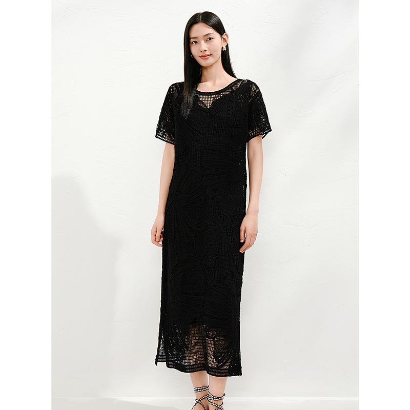 Jiuzi Anna Kou Elegant Light and Mature Hand Hook Hollow Flower Short Sleeve Knitted Dress
