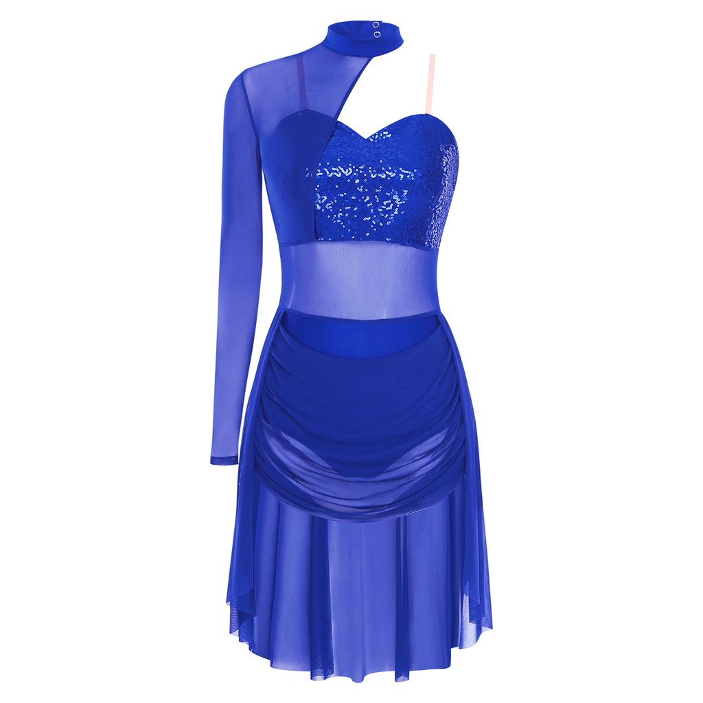 Conjunto de Danza Lírica para Mujer Cuello Alto Tirantes Espagueti Ajustables Un Hombro Manga Única Maillot con Lentejuelas