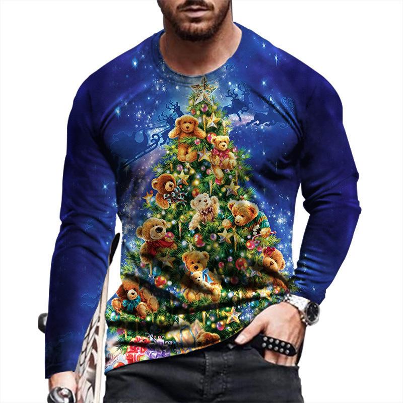 Round Neck 3D Christmas Pattern Top Casual Long Sleeved Men's T-shirts - Soft Medium Stretch Polyester Fabric Spring and Autumn Relaxed Fit Clothing