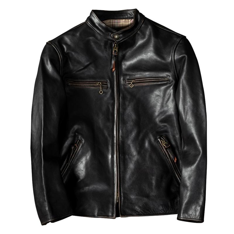 New Top Layer Tea Core Horse Leather Work-edged Short Slim Men's Genuine Leather Jacket