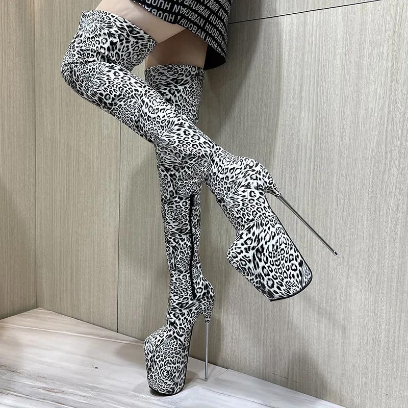 Fashion European and American Sexy Leopard Print High-heeled Knee High Boots for Women's Fashion Shows, Plus Size Color Blocked Shoes