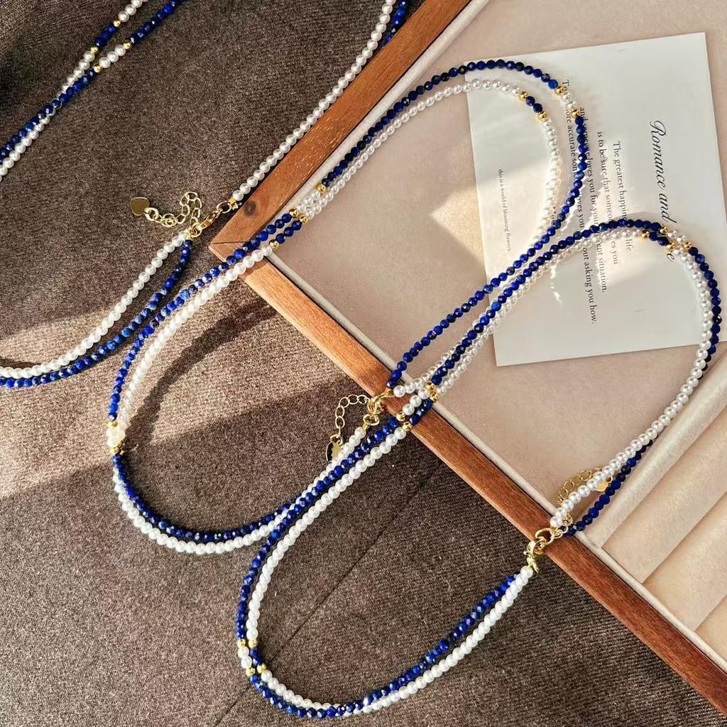 Vintage High Quality Natural Lapis Lazuli Artificial Crystal Pearl Double Clavicle Chain Necklace Sweater Chain
