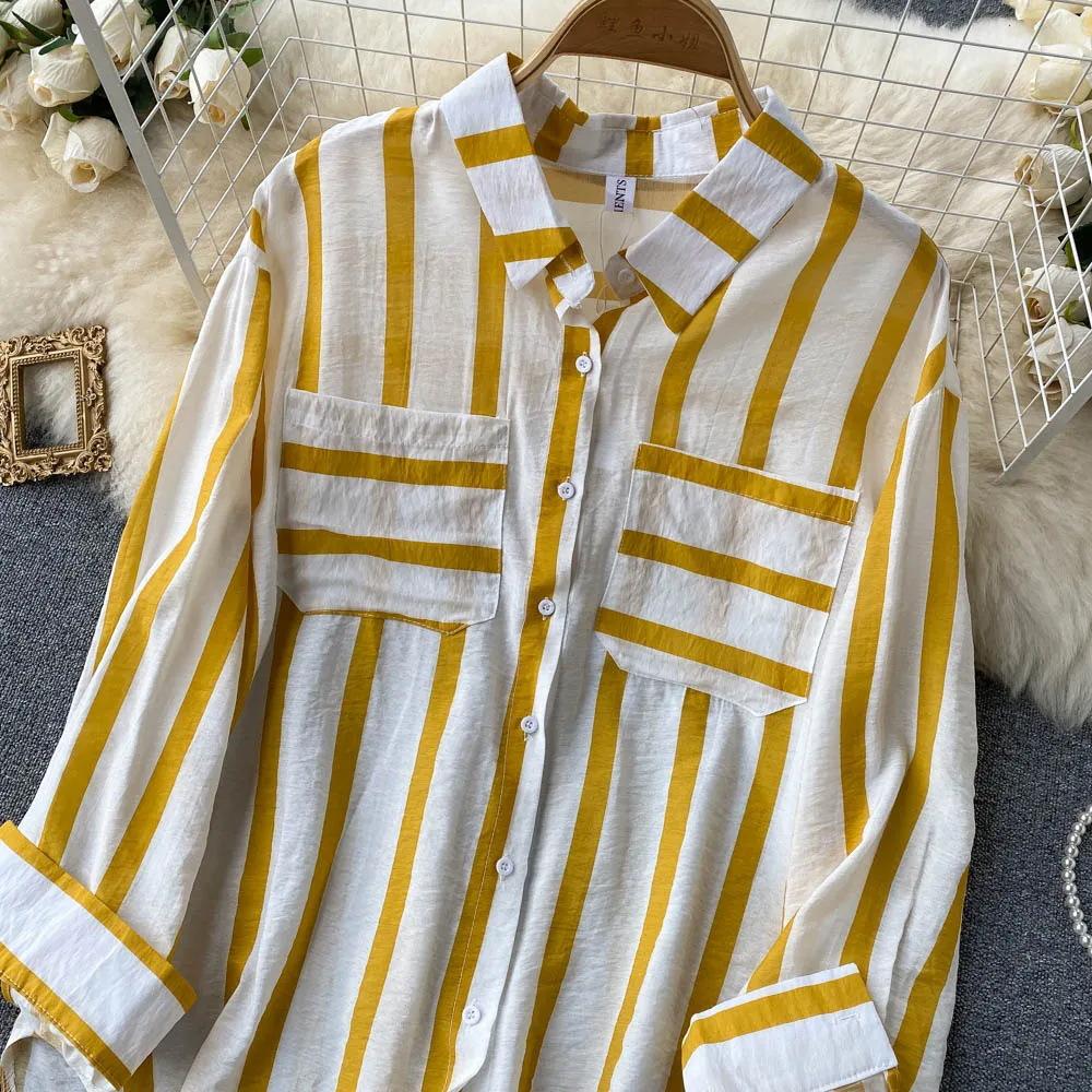 2026 Summer, Spring, Autumn New Mid-Length Vertical Striped Multi-Color Shirt Jacket for Women, Korean Style Casual Loose Top