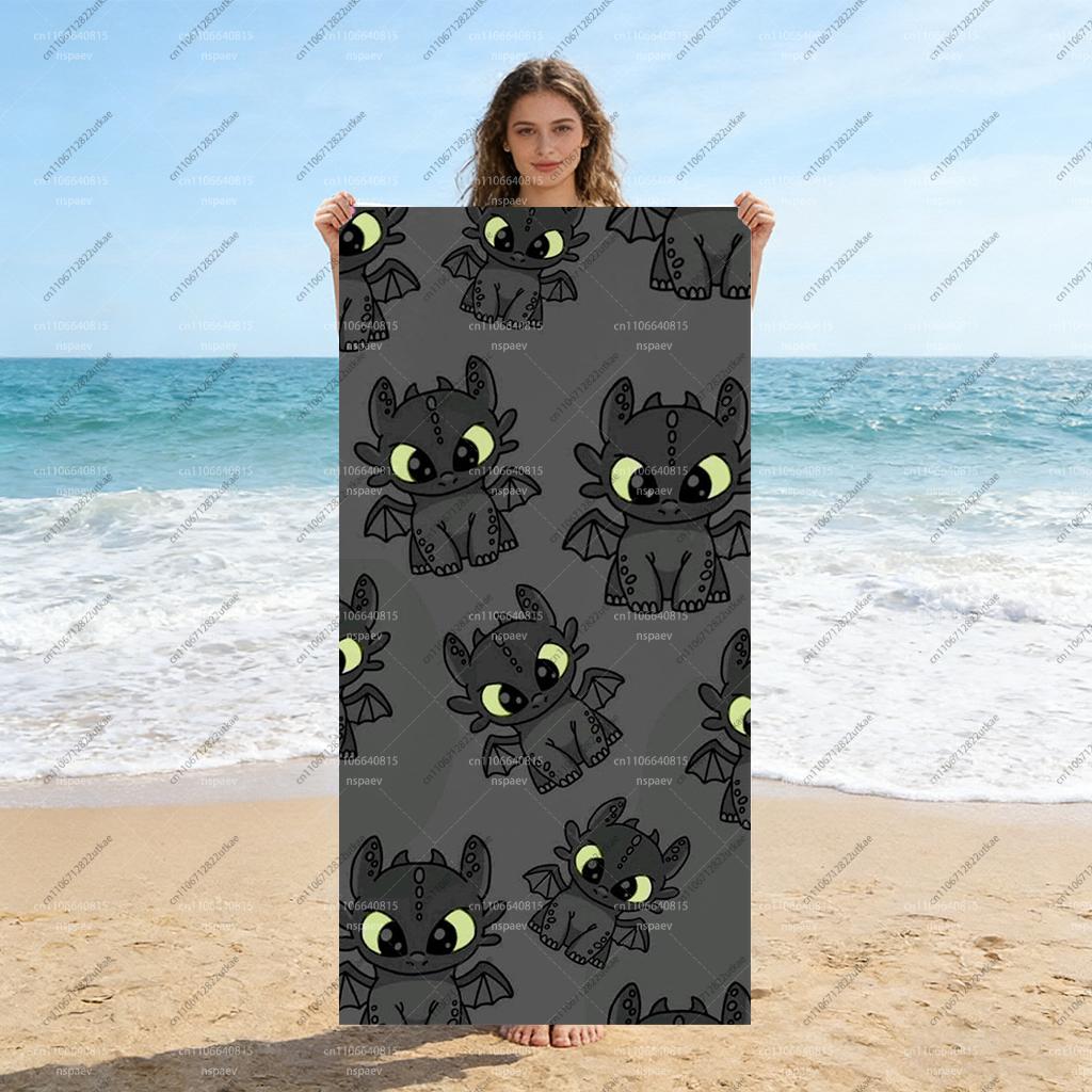 Cartoon Black Dragon Inspired Beach Towel Quick Dry Microfiber Toothless Print Bath Towel for Swimming Pool Gym Camping Summer