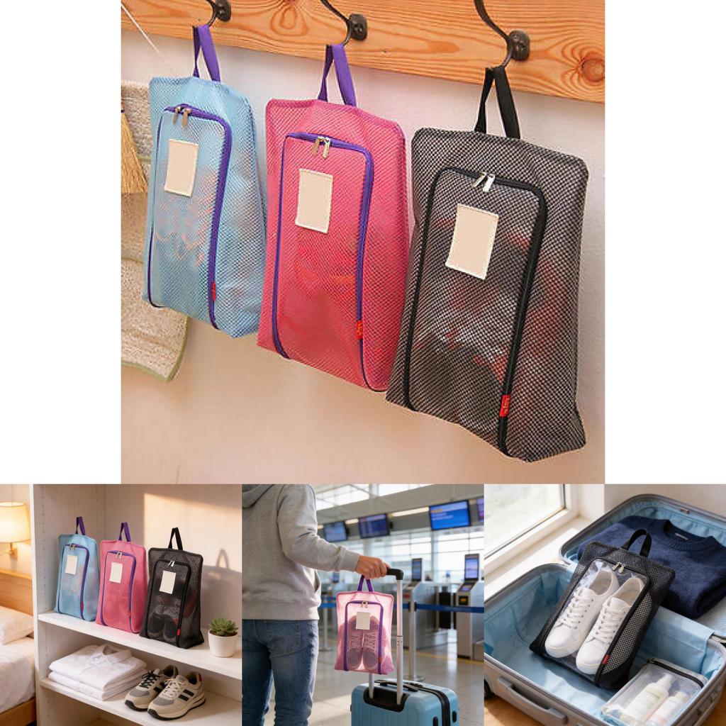 Mesh Shoe Storage Bag With Zipper And Handle For Travel And Sports Activities