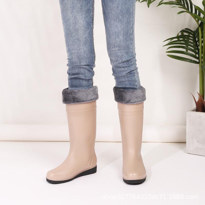 Water Shoes Fashion Long Tube Rain Shoes Extra High Rain Boots Women's Velvet Cotton Flat Bottom Women's Non-slip Rubber Shoes Water Boots Matte