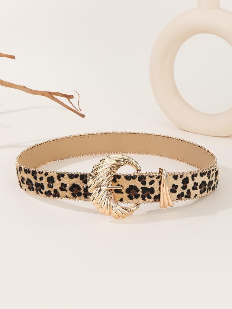 Leopard Modern Print Belt With Wave Metal Buckle For Womens Outfits Casual