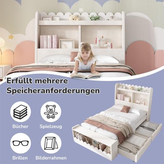 Kids Bed Children Single Storage with Drawers Shelf And Bench Space Wooden Wood 90x200cm Frame Slatted Made of Wood White Oak Color (Without