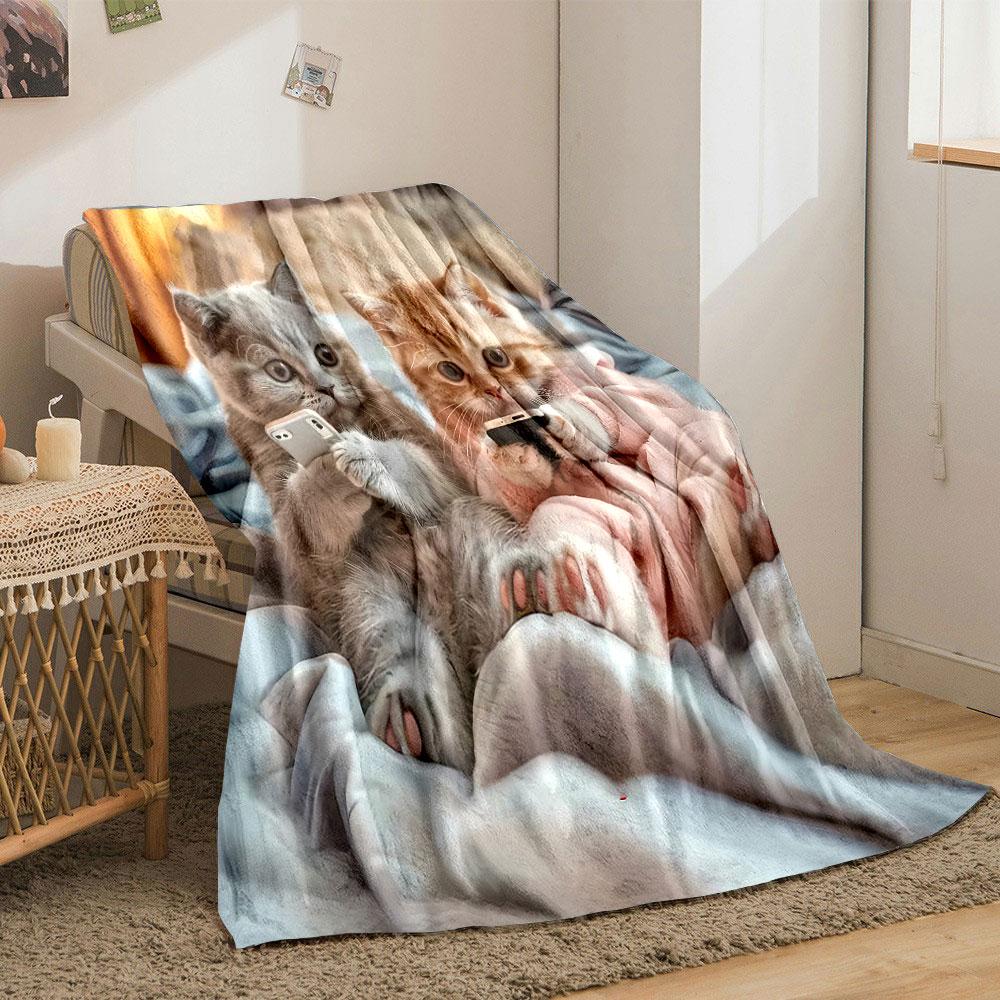 Cute Kittens Phone Pattern Blanket Bedroom Blanket for Livingroom Couch Lunch Break Soft Throw for Friend's Festival Gift