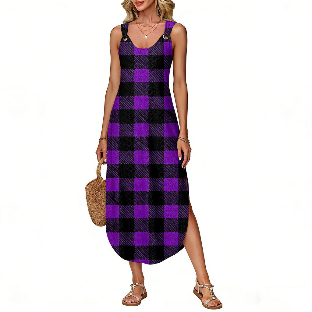Women's Summer Long Dress, Sleeveless with Side Slits, Long Plaid Printed Vest Dress