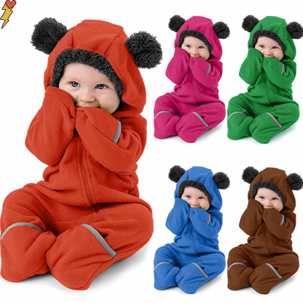 Infant Baby Kid Girl Boy Solid Cartoon Ear Hoodie Romper Clothes Fleece Jumpsuit