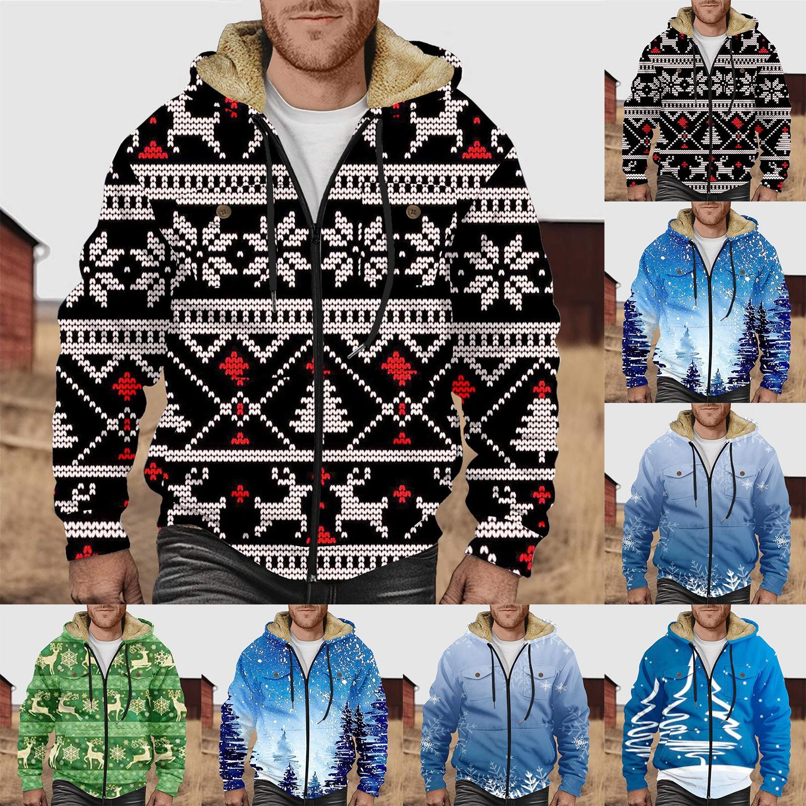 

Мужская куртка с двойным карманом и рождественским принтом. Мужская весенне-осенняя повседневная трендовая куртка на молнии с капюшоном.