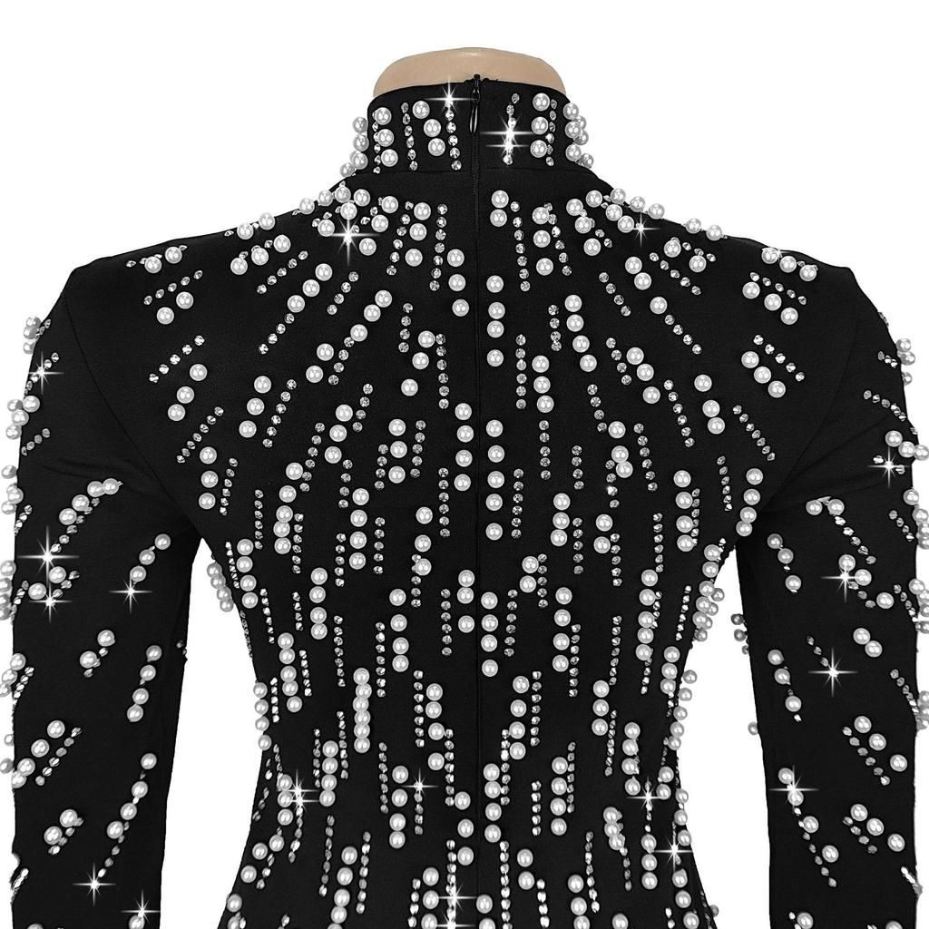 European & American Fashion Women's Long-Sleeve Beaded Bodycon Dress