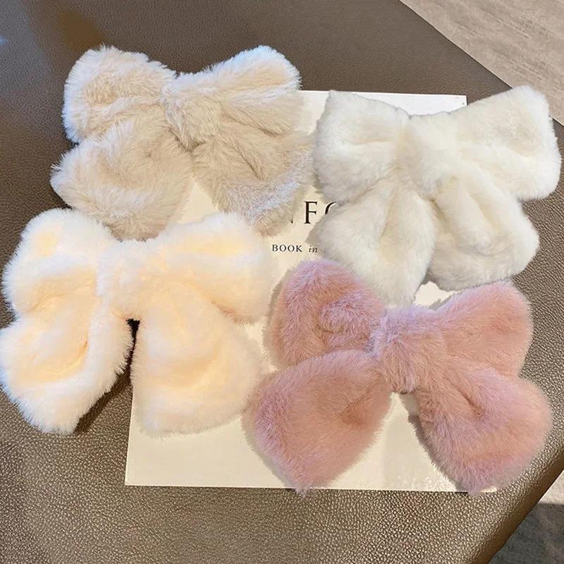 Girls Sweet Plush Big Bow Hairpin Cute Solid Color Hair Spring Clip Hair Ornament Autumn Winter Hair Accessories for Girls Gifts