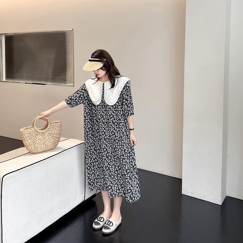 

DIMANAF Женское платье больших размеров 2024, новое летнее платье-футболка большого размера, повседневное платье, хлопковые оборки с цветочным принтом, свободные модные длинные платья с круглым вырезом XL чёрный