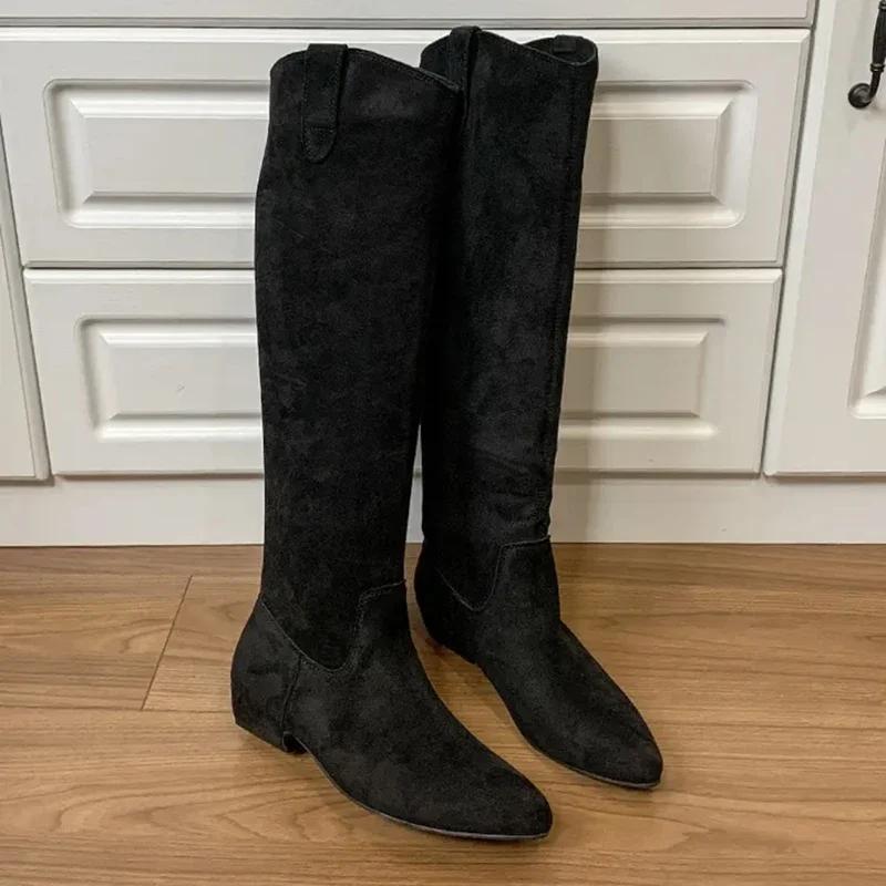 Vintage Women Western Knee High Boots Fashion Pleated Long Booties Concise Square Low Heels Shoes