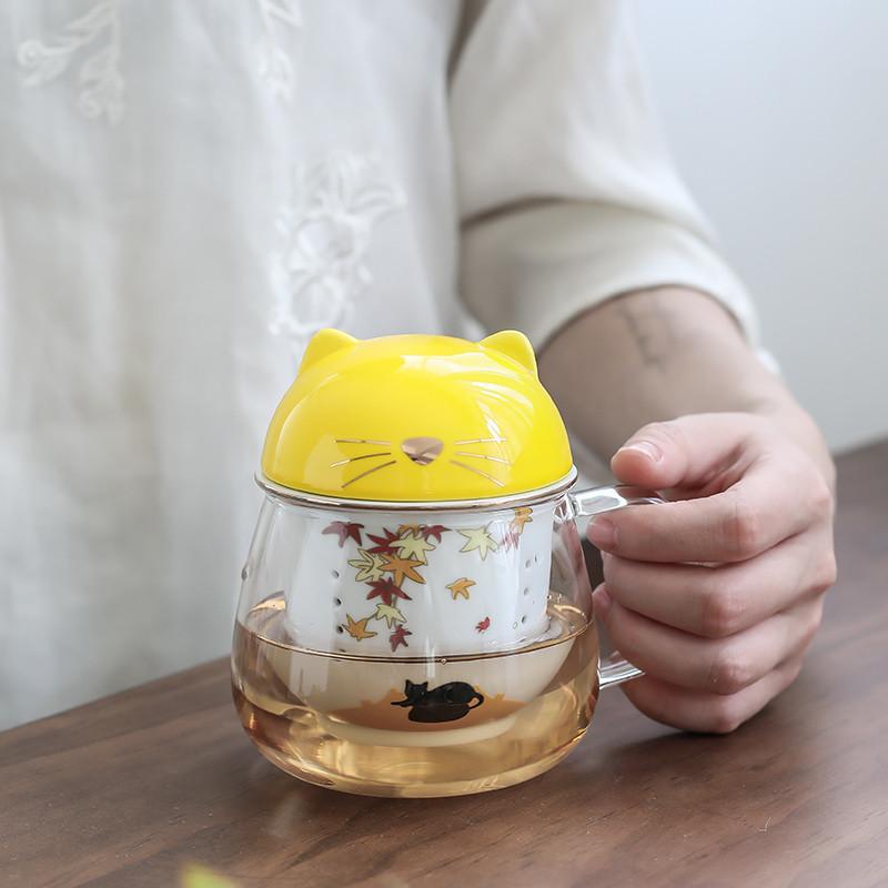 Roztomilý kočičí skleněný čajový šálek odolný proti teplu – Borosilikátový hrnek na čaj s víčkem a filtrem