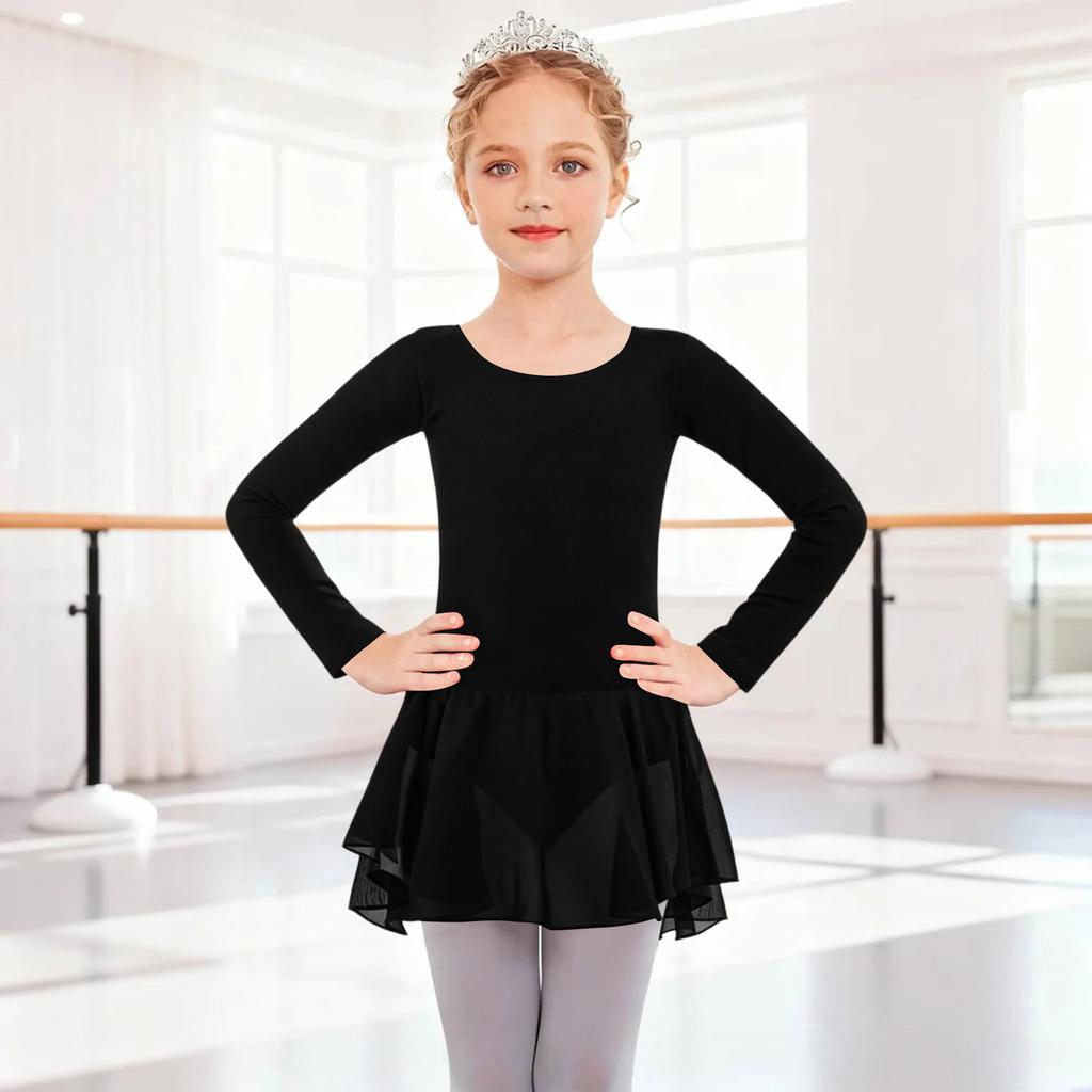 Girls' Color Long-sleeved Tulle Bodysuit Dance Costume