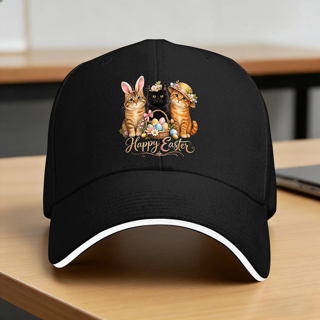 Easter Cats Happy Easter Bunny Cats With Eggs Basket Spring Kitty Baseball Cap Summer Trucker Hat Sun-Proof Snapback Cap