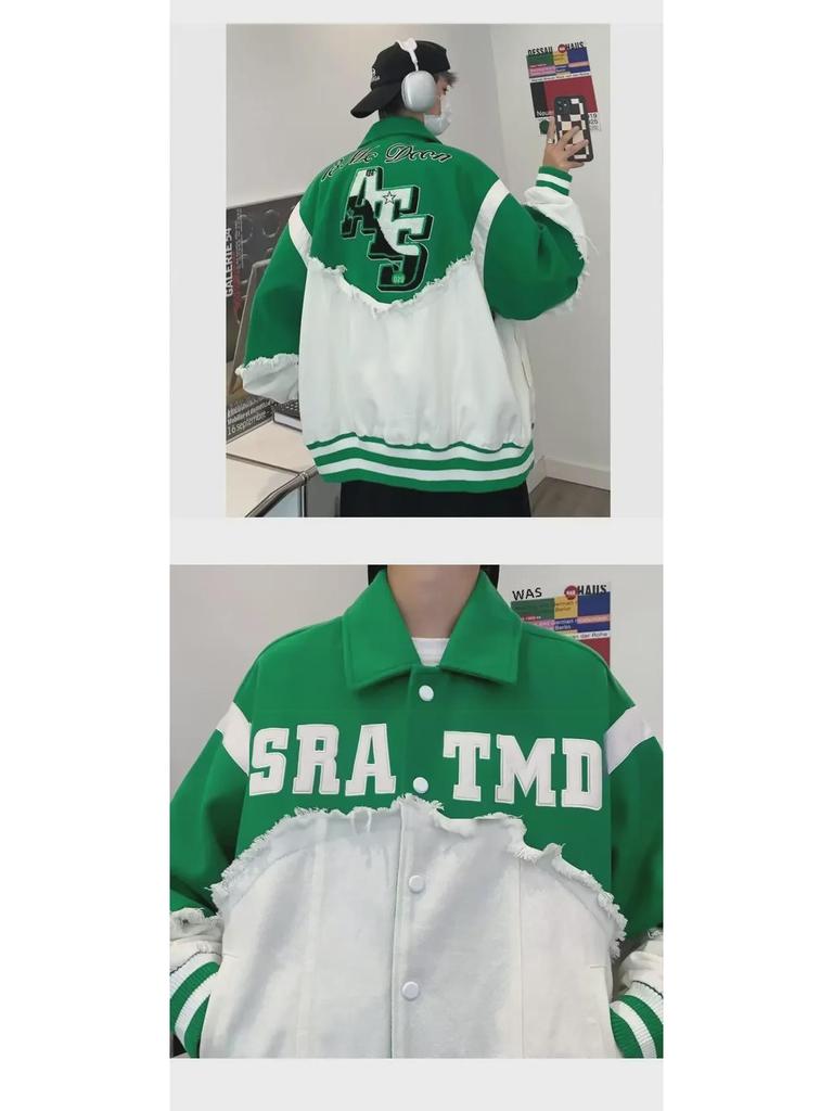 Men's Autumn Denim Patchwork Wool Coat - American High Street Fashion, Hip-Hop Trend, Loose Fit, Unisex.