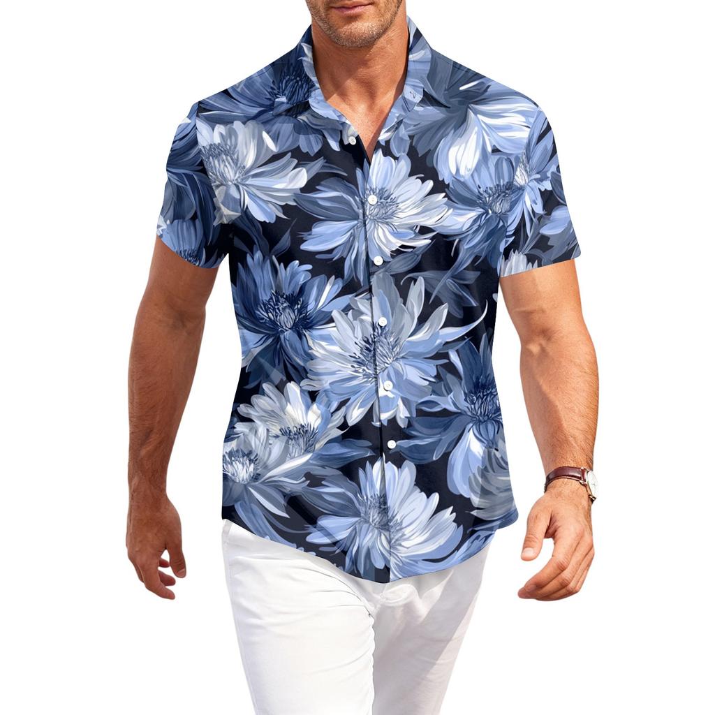 Men's Casual Loose Fit Short Sleeve Hawaiian Shirt Lightweight Breathable Button Down Beach Shirt with Tropical Palm Tree and Shell Print