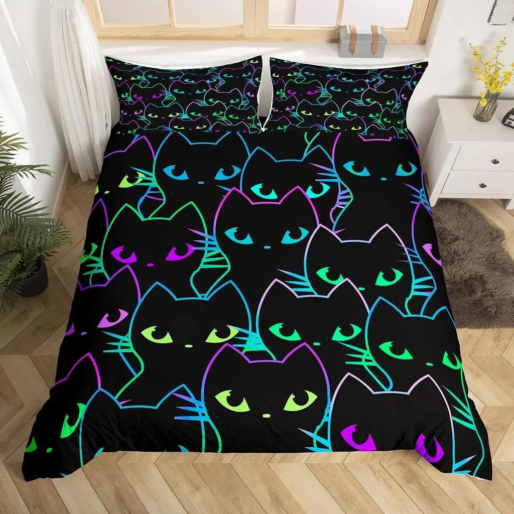 Cartoon Black Cat Duvet Cover Watercolor Flower Bedding Set Pet Animals Botanical Comforter Cover Romantic Rustic Quilt Cover
