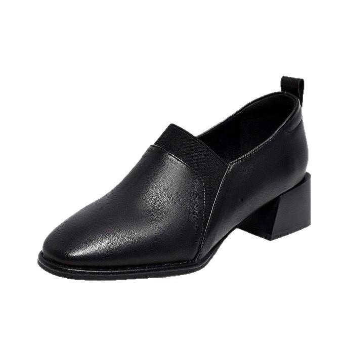 Square head small leather shoes women's 2025 simple temperament European and American style sheepskin loafers, one pedal, middle heel elastic mouth