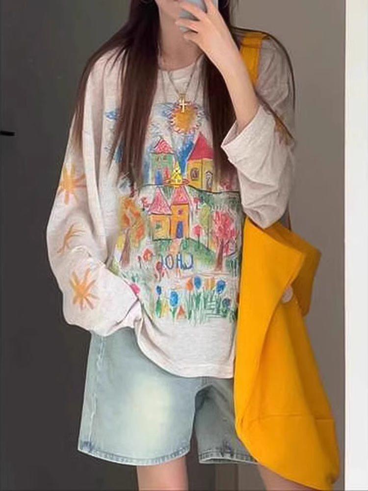Women's Retro Graffiti Print Long Sleeve Summer Sunscreen Cover-Up Top