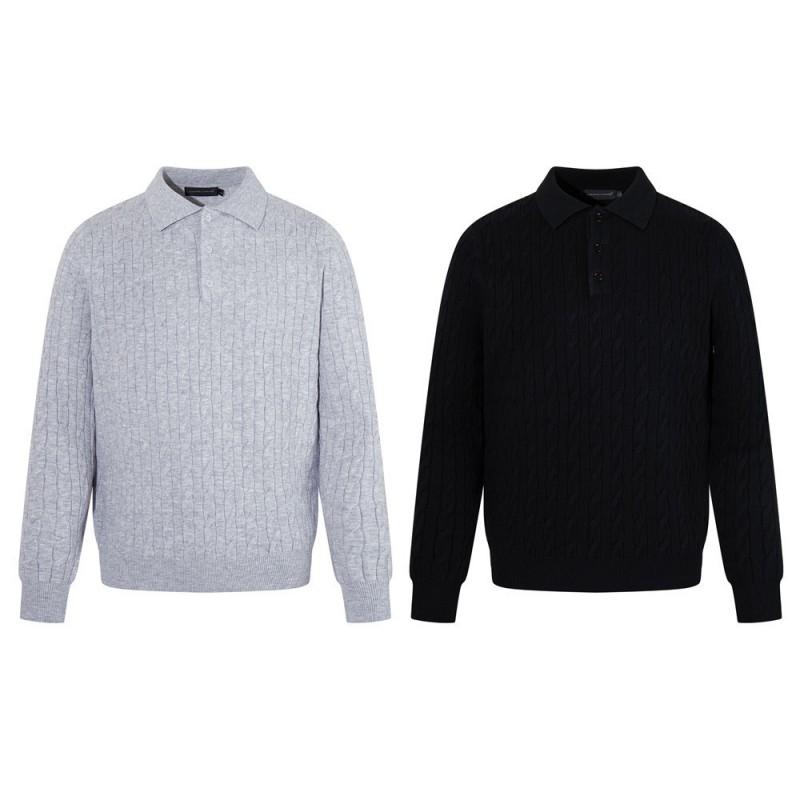 Mens Solid Cable Knit Polo Sweater Loose Fit Streetwear Vibe