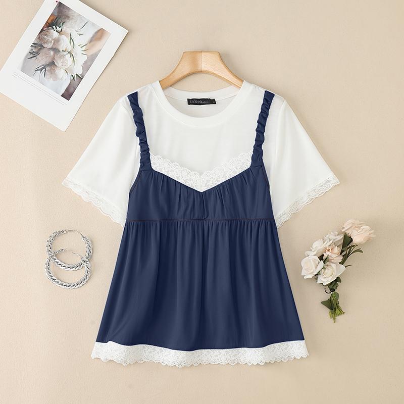 

ZANZEA Женские повседневные футболки с круглым вырезом и лоскутным дизайном, летние, с коротким рукавом 4XL тёмно-синий