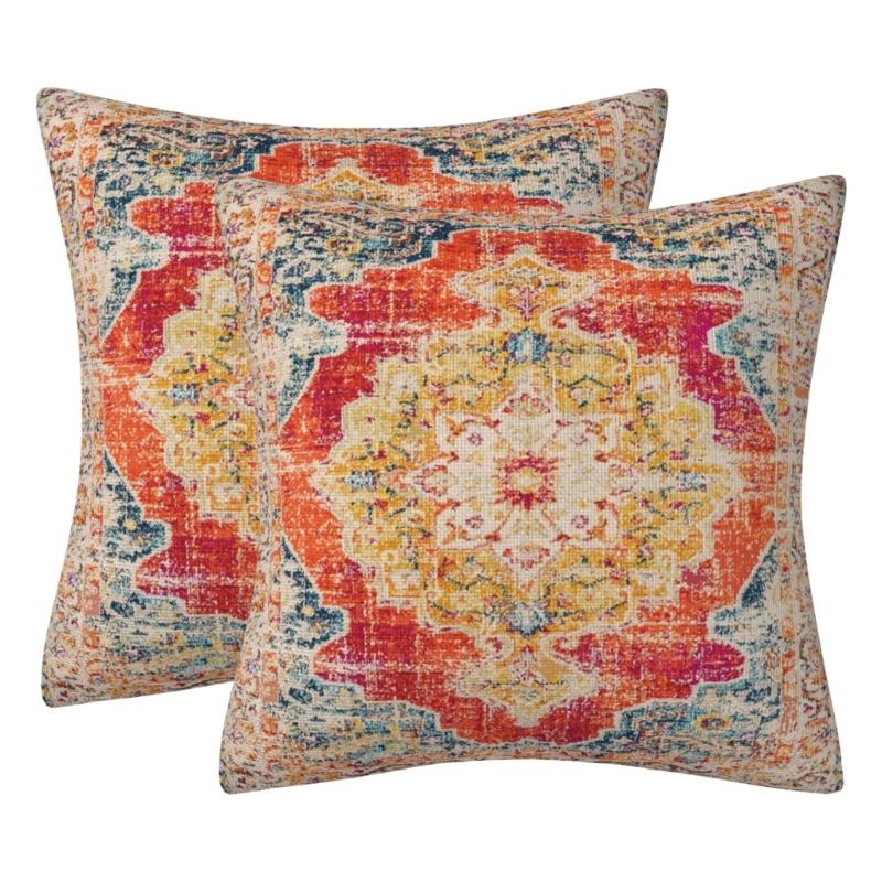Set Of 2 Bohemian  Pattern Throw Pillow Case 18x18inch Soft Pillowcover for Indoor and Outdoor Use