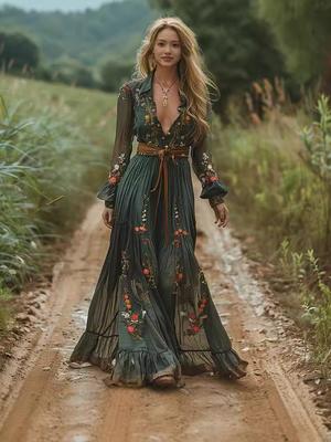 Women's Long Sleeve Printed Maxi Dress Shirt Collar Overalls Long Skirt