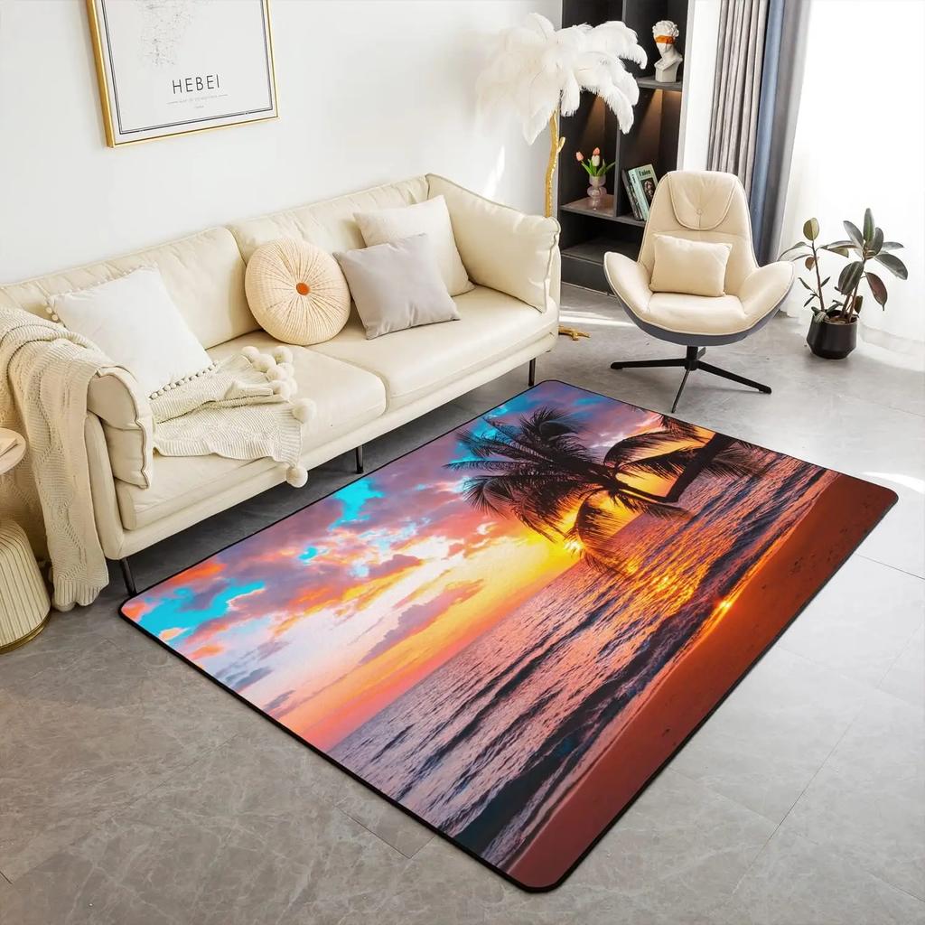 Ocean Area Rugs Beach Rug, Coastal Nature Theme Teal Carpet Boys Girls Hawaiian Sea Wave Animal's Shell Starfish Rug for Bedroom