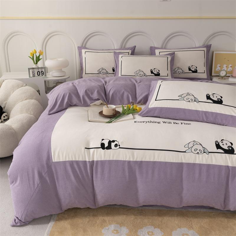 Leichte, luxuriöse Panda-Stickerei, große Ecke, passendes Bastelset, vierteiliges Set, Brokat-Baumwolle, hautfreundliches, weiches Bettlaken, Bettbezug, Bettwäsche