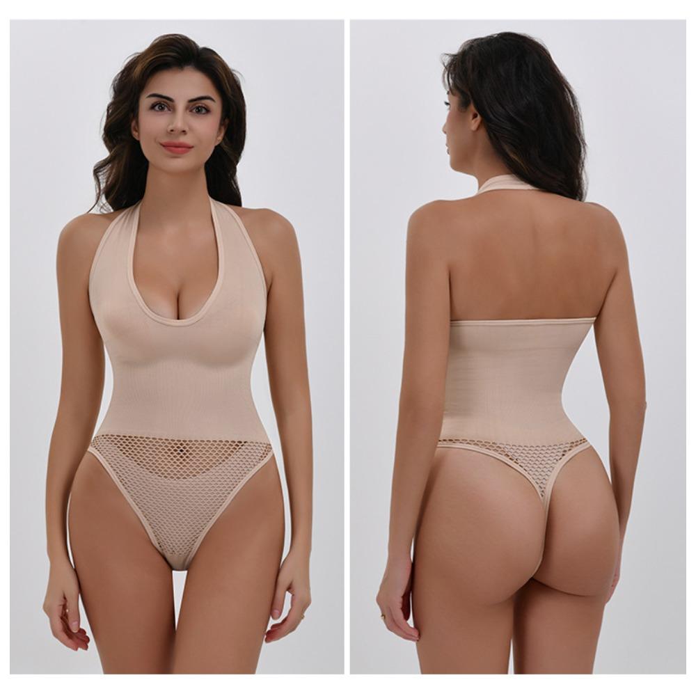 Kombinezon plus size z funkcją podkreślania talii i modelowania sylwetki, podnoszący i zbierający biust, z wiązaniem na szyi, odkrytymi plecami, w stylu stringów