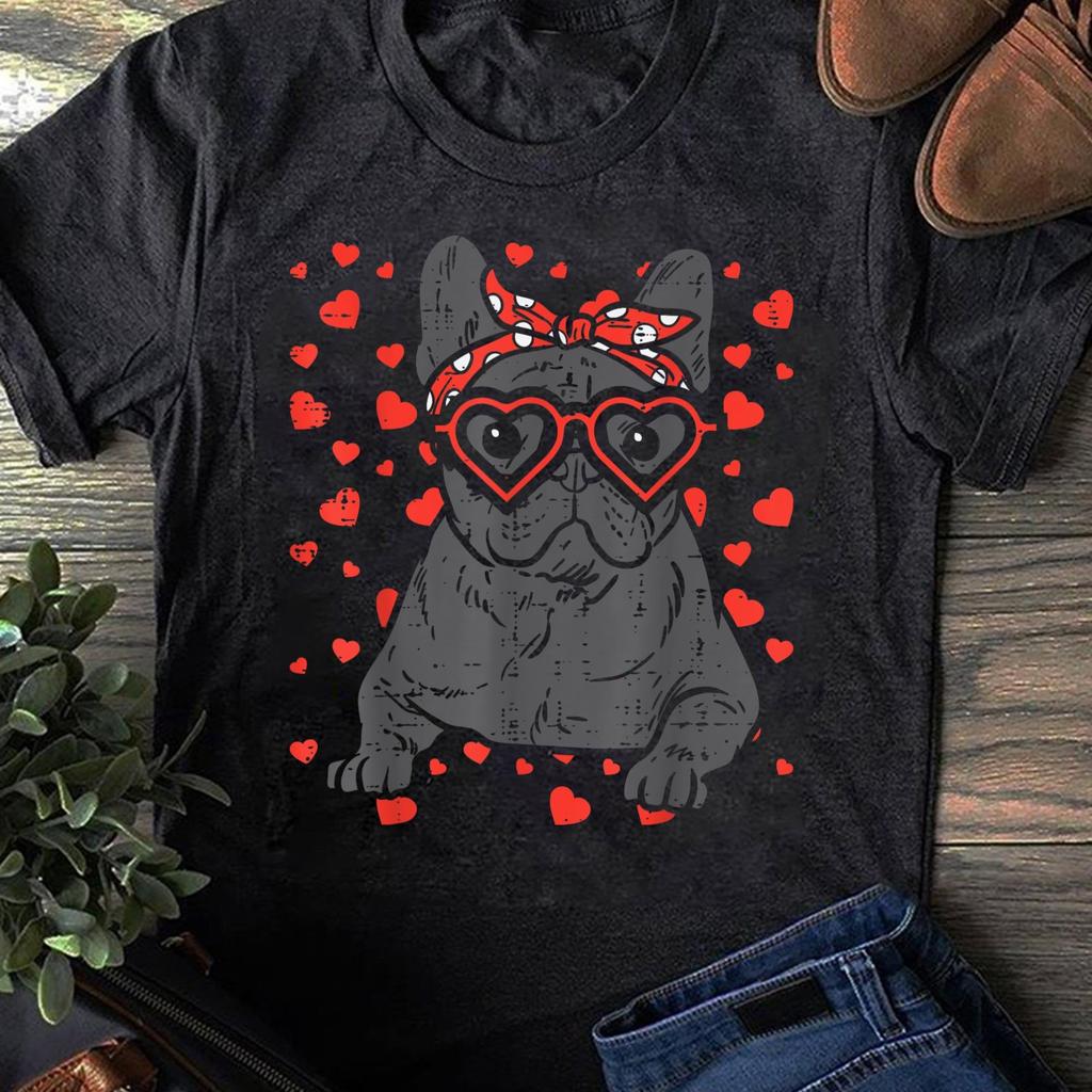 French Bulldog Valentine T-Shirt: Heart Glasses Frenchie Dog Gift