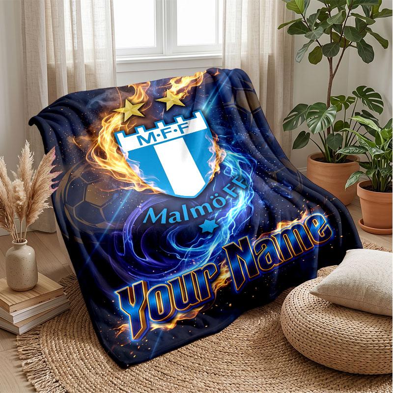 Malmö FF Testo Nome Personalizzato Coperta in Flanella Logo Calcio Coperta Plaid in Pile Personalizzata Regalo Speciale per Divano Camera da Letto Casa